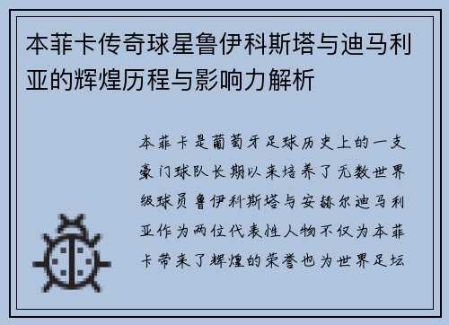 本菲卡传奇球星鲁伊科斯塔与迪马利亚的辉煌历程与影响力解析